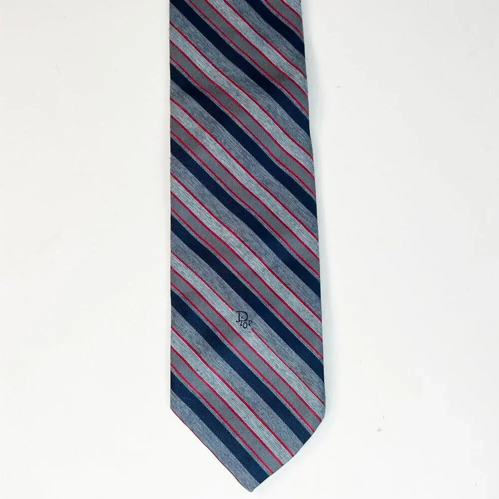 Christian Dior Striped Print Mens Neck Tie Blue Navy Red Woven Made in USA